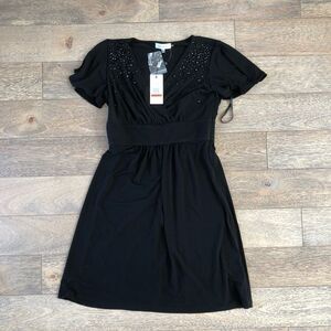 Calvin Klein Black V-Neck Dress with Rhinestone Embellishments XS